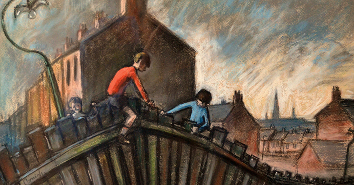 Boys Climbing Fence by Norman Cornish